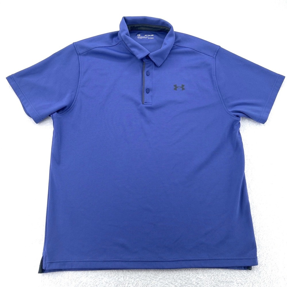 Under Armour Mens Polo Golf Shirt 2XL XXL Blue HeatGear Short Sleeve Stripe